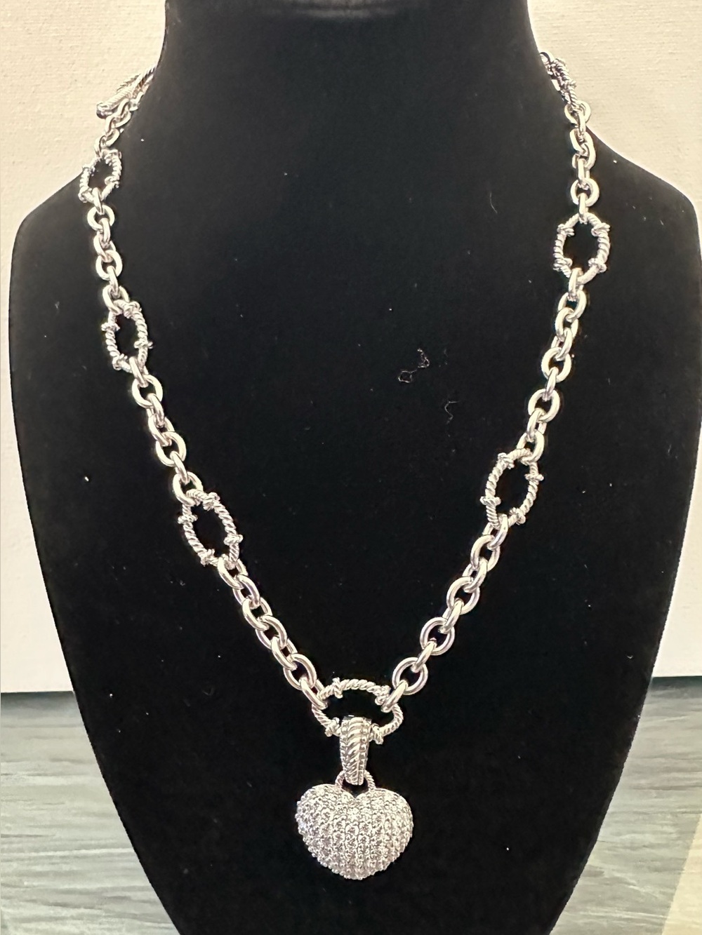 Judith Ripka Sterling Silver 18" Toggle Chain Pave CZ Heart & Fleur De Lis 48.7g